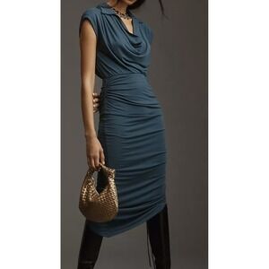 By Anthropologie Ruched Cowl-Neck Cap-Sleeve Midi Asymmetric Dress Sz MP Event